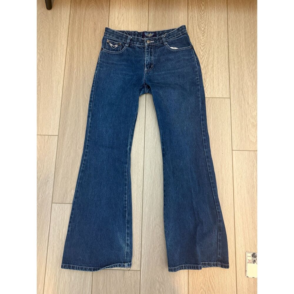 Y2K Angels Dark Wash Winged Heart Pocket Retro Wide Flare Jeans